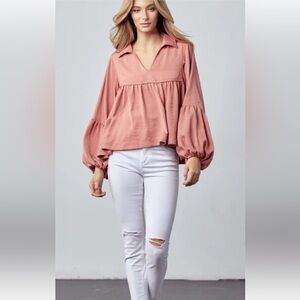 &Merci Anthropologie Easy Going Baby Doll Top in Salmon